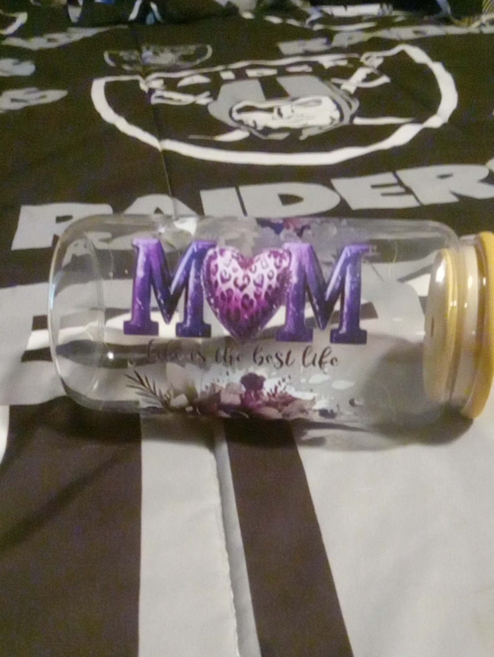 Clear 'MOM' Decorative Glass Bottle with Purple Heart Design With Glass Straw